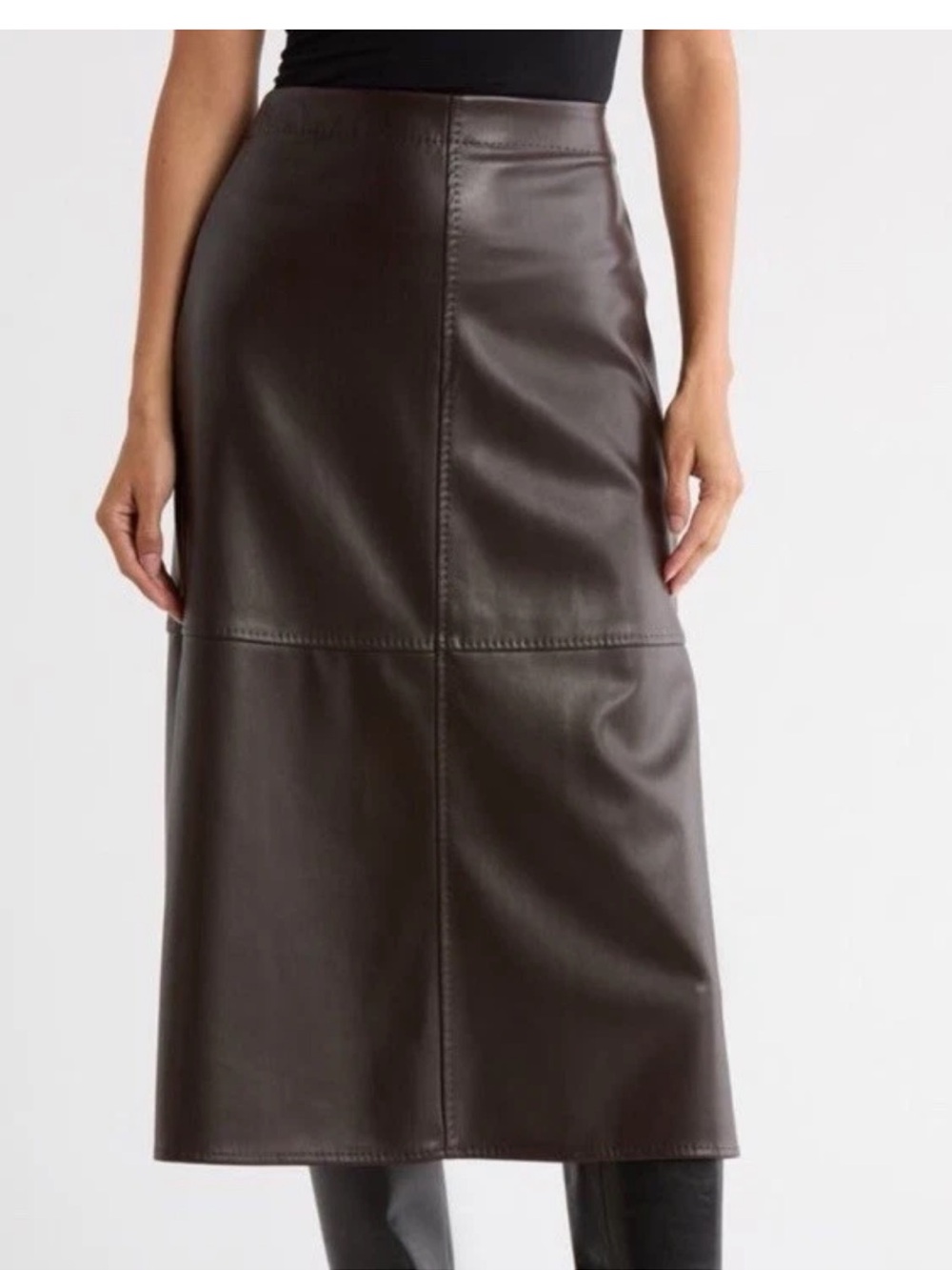 Max Studio Brown Faux Leather Midi Skirt A Line Pull On L New